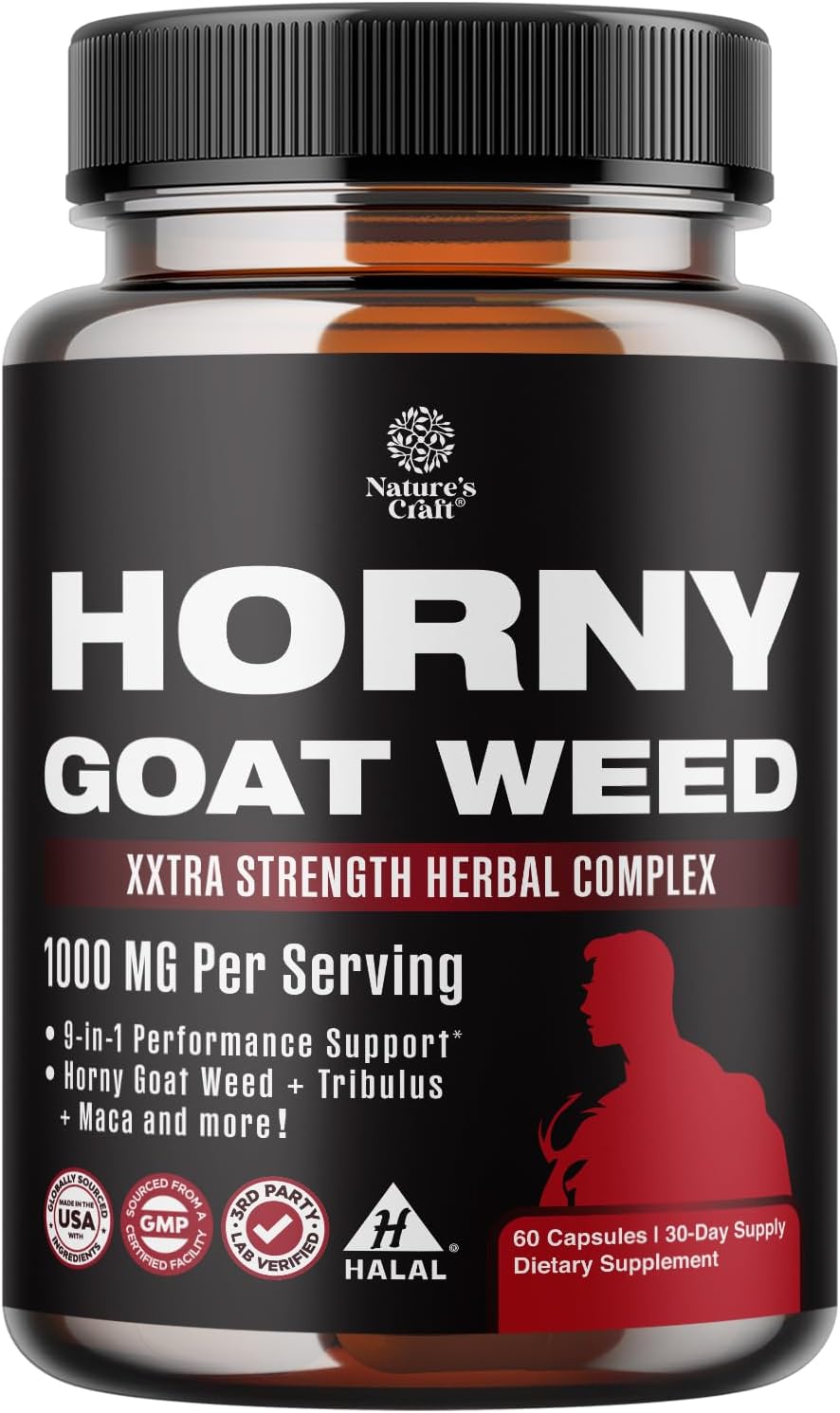 Horny Goat Weed for Men - Extra Strength Male Supplement with Black Maca Root, Tongkat Ali, Saw Palmetto & Panax Ginseng Extract for Stamina & Energy - 60 Capsules