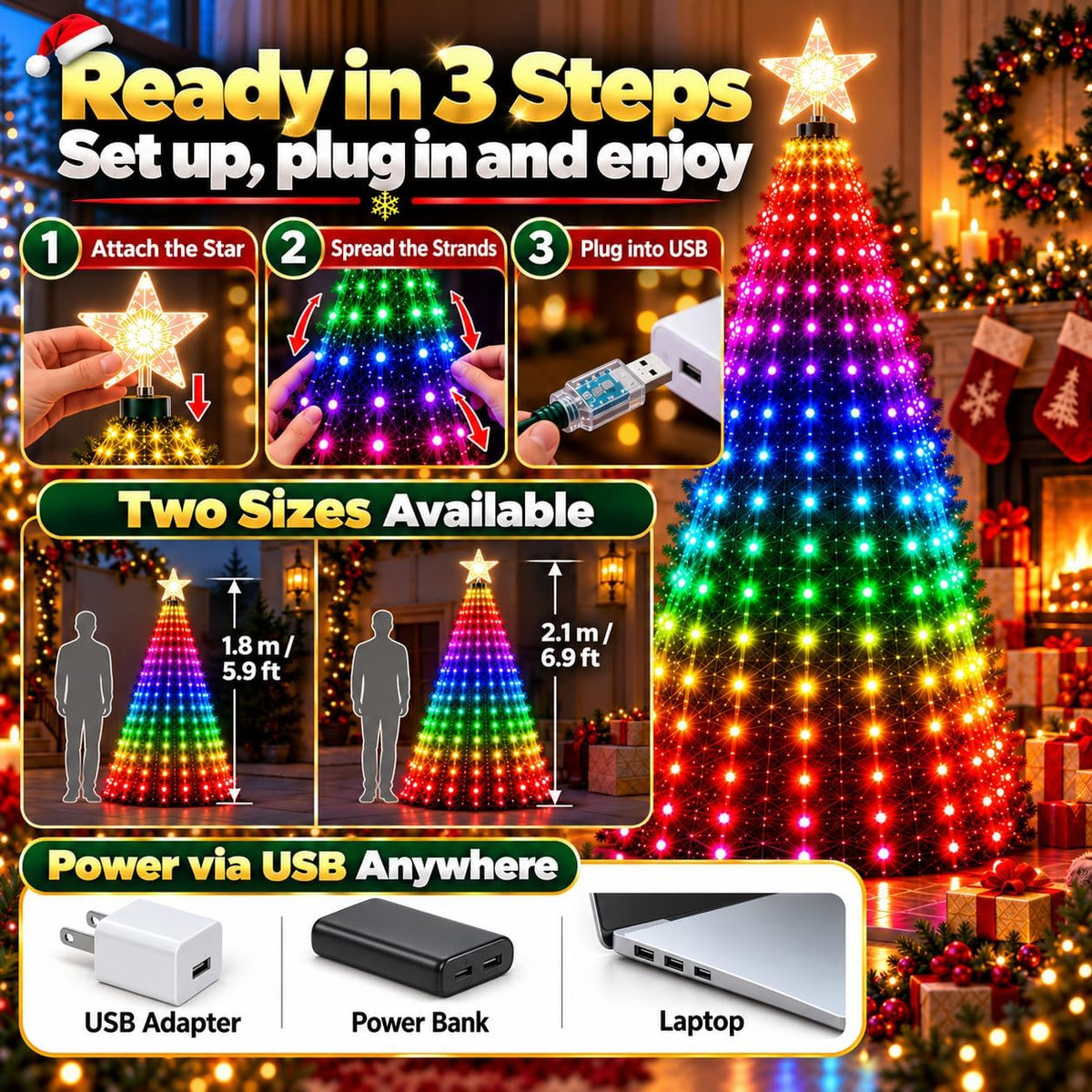 Smart Animated Christmas Tree Lights,Controllable Via Phone App(6.89FT-USB)