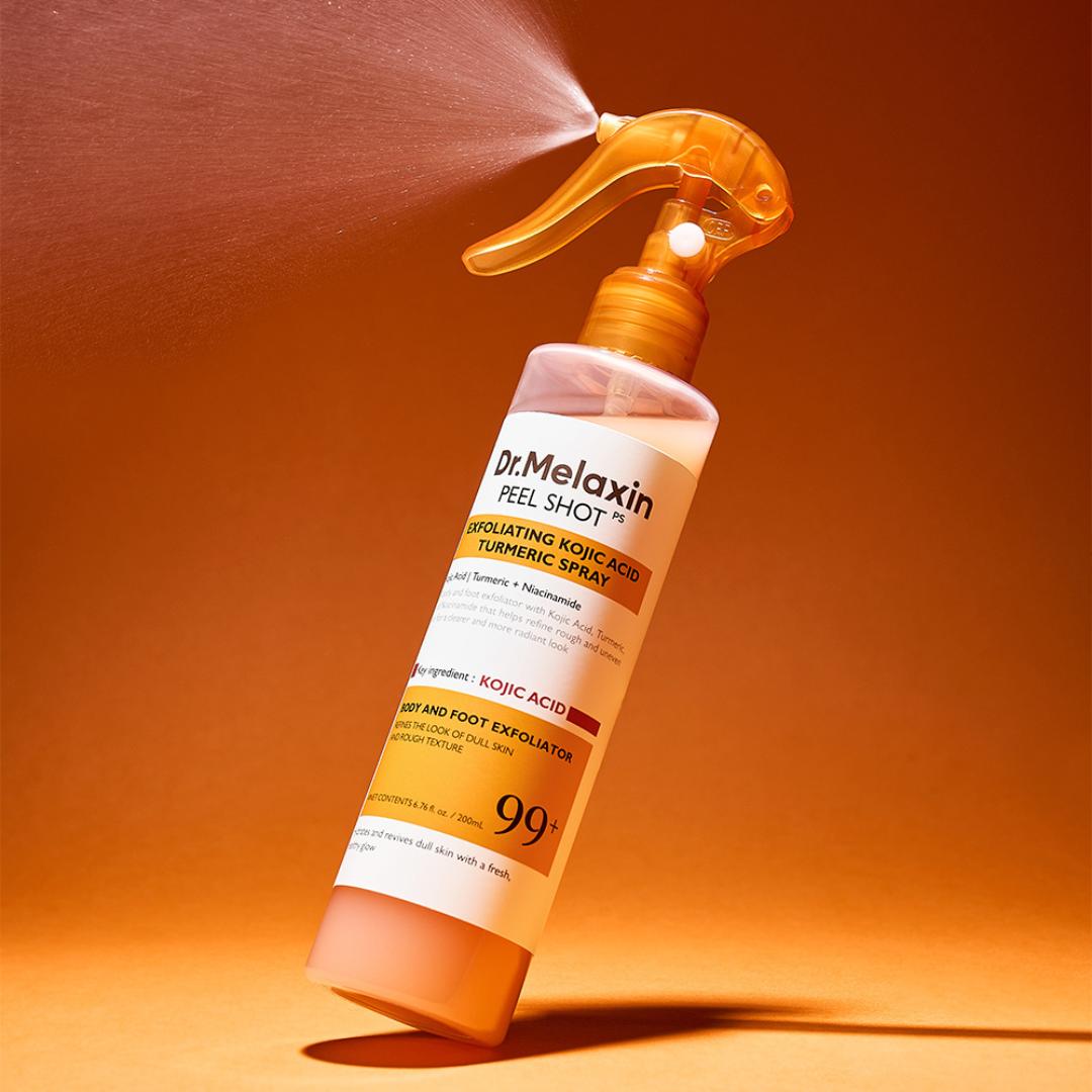 Peel Shot Kojic Acid Turmeric Body Exfoliator Spray 6.76 Fl.Oz - AHA PHA Niacinamide Body Scrub for KP Bumps, Dark Spots, Uneven Skin Tone, Dead Skin, Korean Skin Care