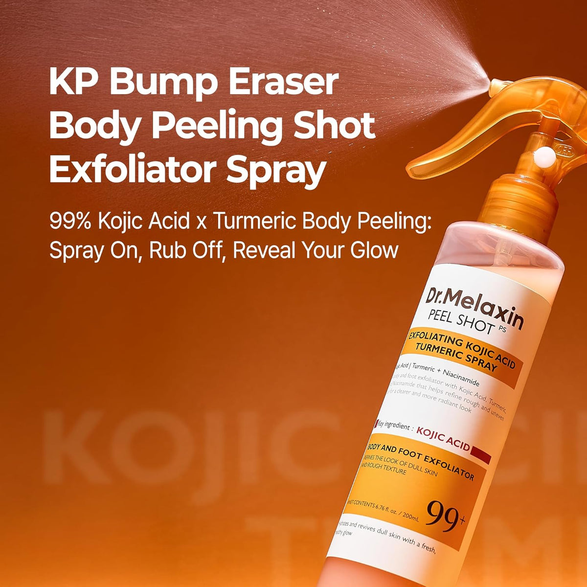Peel Shot Kojic Acid Turmeric Body Exfoliator Spray 6.76 Fl.Oz - AHA PHA Niacinamide Body Scrub for KP Bumps, Dark Spots, Uneven Skin Tone, Dead Skin, Korean Skin Care