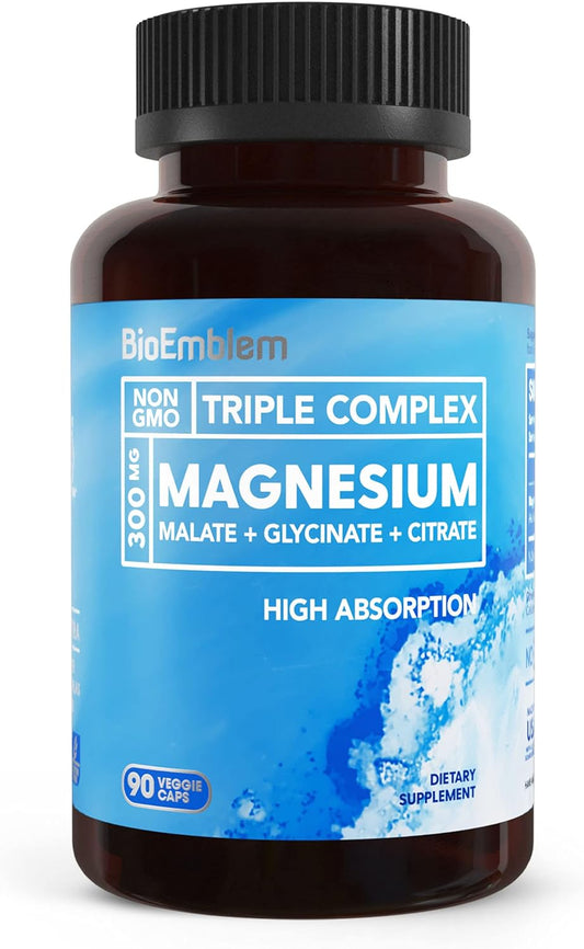 Triple Magnesium Complex | 300Mg of Magnesium Glycinate, Malate, & Citrate for Muscles, Nerves, & Energy | High Absorption | Vegan, Non-Gmo | 90 Capsules