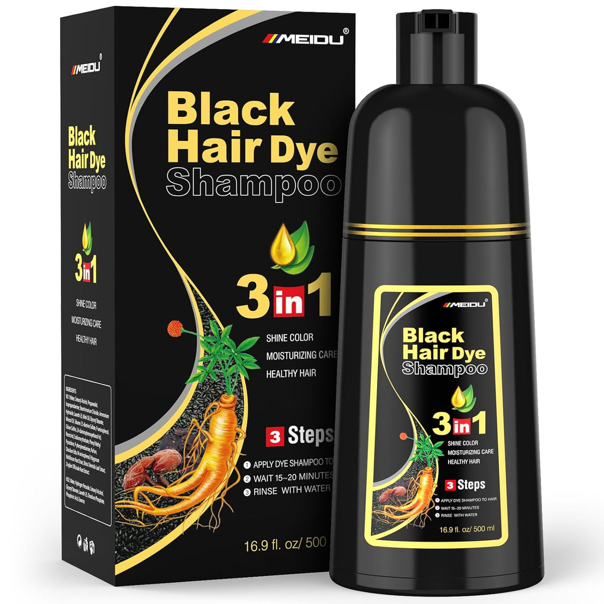 Black Hair Dye Shampoo 3 in 1 for Gray Hair, Black Hair Dye for Women Men, Hair Color for Women Herbal Ingredients Natural (500Ml,16.9Oz) (Black)