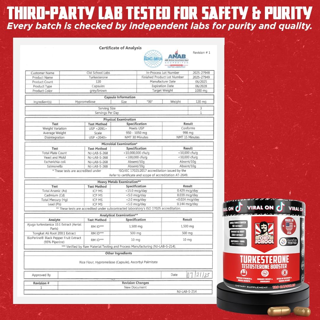Old School Labs Testosterone Supplement for Men – Turkesterone, 120 Caps with Turkesterone Testosterone Supplement for Men