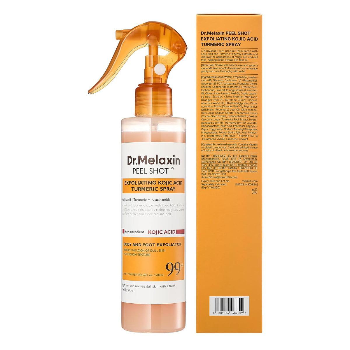 Peel Shot Kojic Acid Turmeric Body Exfoliator Spray 6.76 Fl.Oz - AHA PHA Niacinamide Body Scrub for KP Bumps, Dark Spots, Uneven Skin Tone, Dead Skin, Korean Skin Care