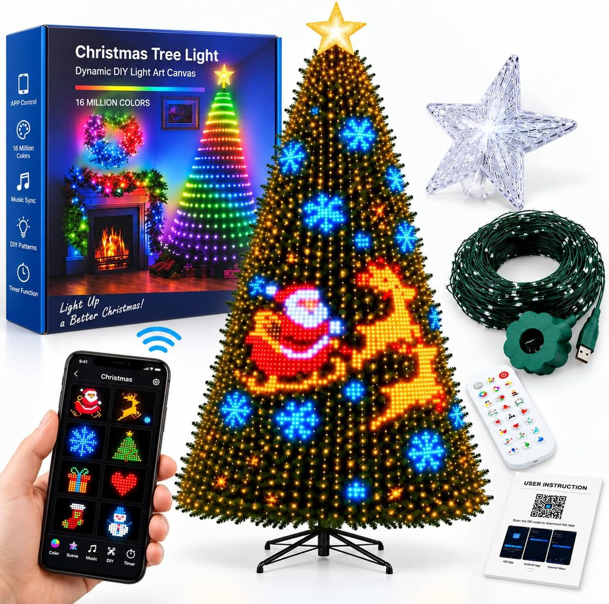 Smart Animated Christmas Tree Lights,Controllable Via Phone App(6.89FT-USB)