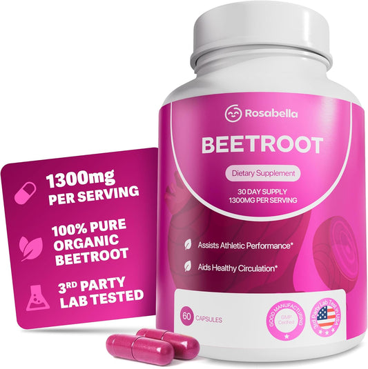 Organic Beet Root Capsules - 1300Mg Beet Root Powder Aids Healthy Circulation & Vitality, Non-Gmo, Beet Root Supplement - 60 Capsules, 30-Day Supply