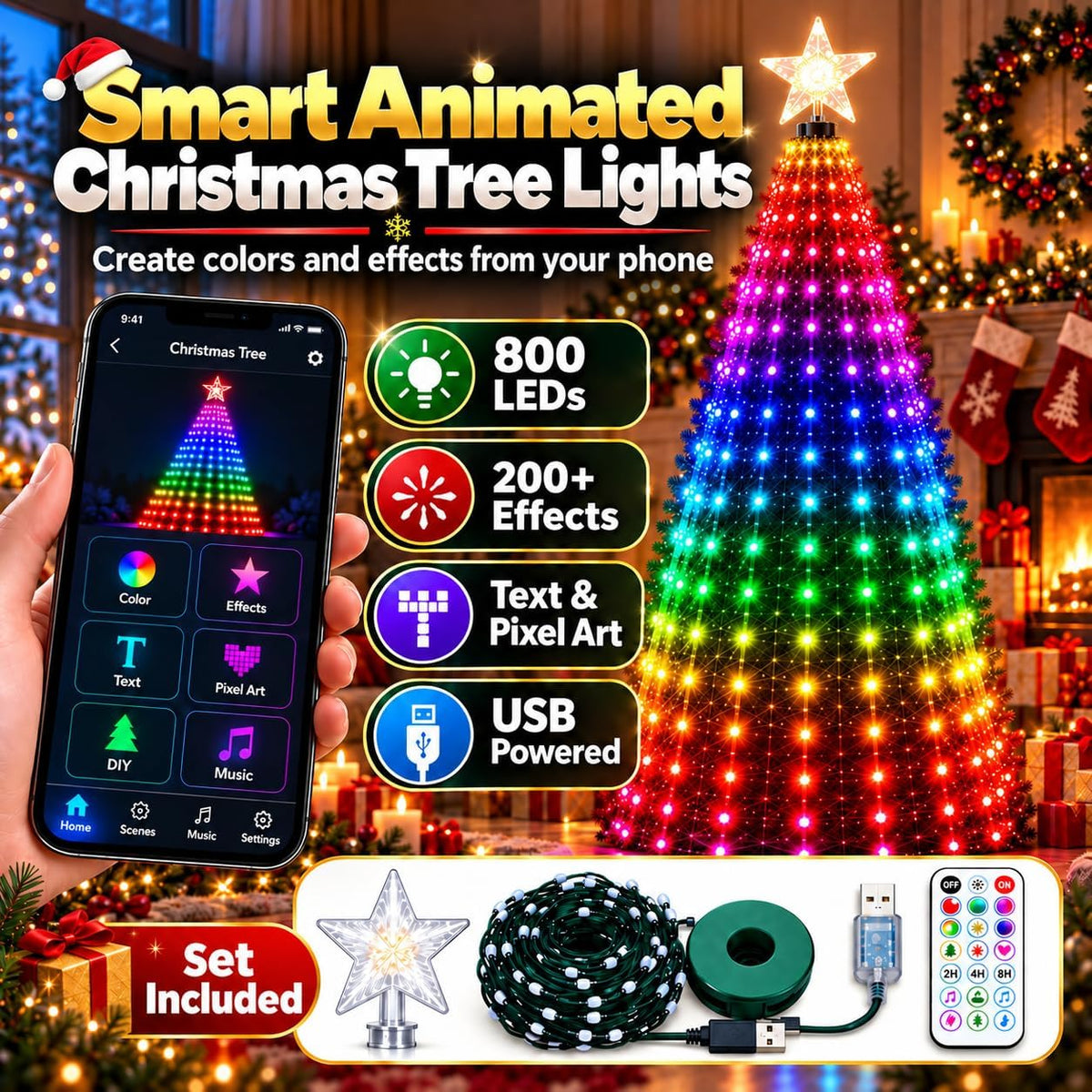 Smart Animated Christmas Tree Lights,Controllable Via Phone App(6.89FT-USB)