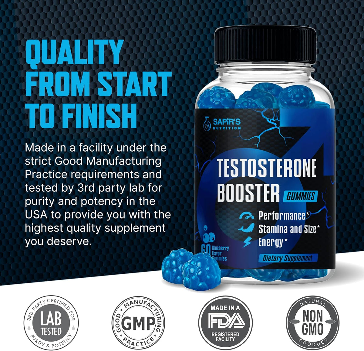 Testosterone Booster Gummies, Male Enhancing Supplement, Enlargement Gummies for Men , Male Enhancement Chews Energy, Strength, Stamina, Endurance, Performance, Natural Blue Berry Chews